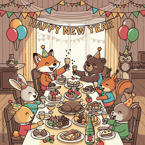 Joyful anthropomorphic woodland animals celebrating a festive New Year's dinner party with toasts and delicious food