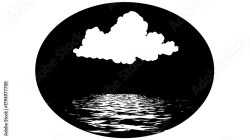 High contrast black and white abstract graphic with a solitary cloud over a reflective body of water under a dark night sky.