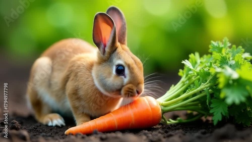 A small brown rabbit sits on dark soil, nibbling on a fresh orange carrot. Green leaves surround the scene, indicating a garden setting.