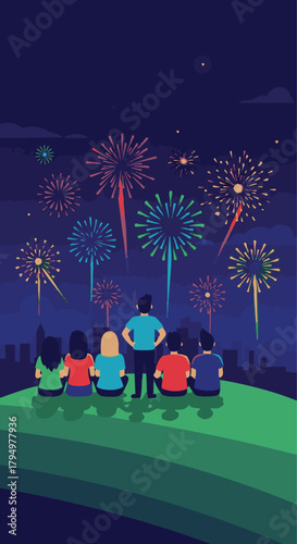 Diverse group of friends enjoying a spectacular fireworks display over a city skyline at night, celebrating a special occasion