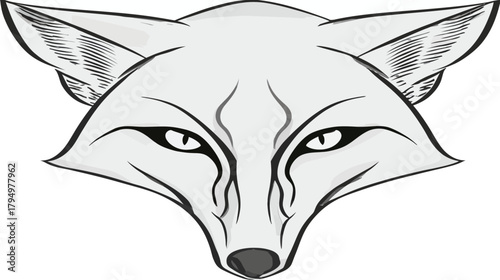 Intense stylized fox head illustration, wild animal portrait, graphic design element, foxy mascot, elegant predatory mammal