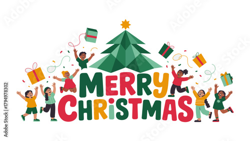 Joyful Christmas Celebration: A vibrant illustration depicts children in joyful celebration, surrounded by gifts and a festive Christmas tree, conveying the spirit of the season.
