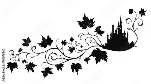 Black silhouette of a fantasy castle with an elegant, intricate leafy vine scroll design on a white background, fairytale illustration.