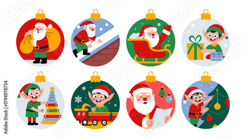 Festive Ornaments of Christmas: Vibrant and cheerful Christmas ornaments bring to life the magic of the holiday. Featuring Santa and cheerful elves, ready to create holiday spirit.