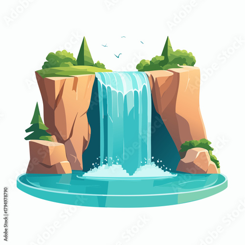 Vibrant cartoon illustration of a majestic waterfall cascading from towering cliffs into a clear, tranquil pool. Lush trees and flying birds create a serene natural landscape