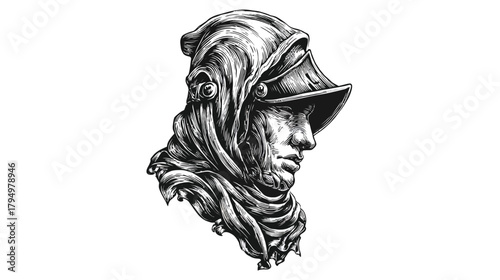 Intricate hand-drawn warrior head illustration in profile, wearing an ornate historical helmet and flowing fabric, black and white art
