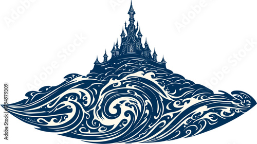 Detailed Fantasy Castle on Elaborate Swirling Ocean Waves. Mystical Dark Blue Palace Illustration.