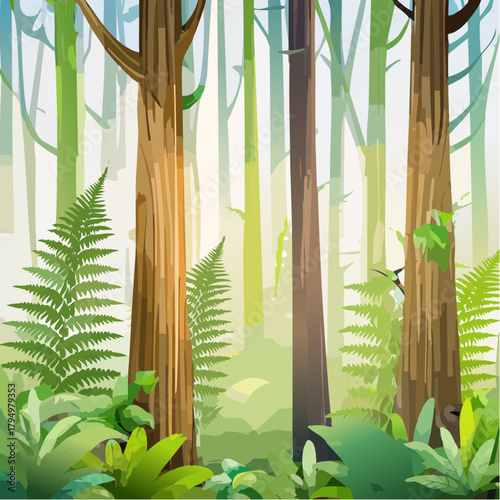 Misty forest with sunlight filtering through tall trees and lush green ferns and foliage, a serene natural landscape