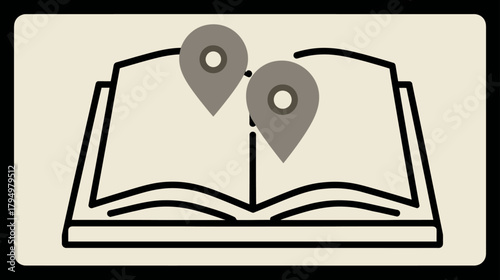 Open book with two location pins icon, symbolizing travel, geographic information, education, exploration, or story mapping