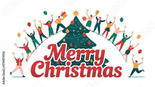 Christmas Celebration: A vibrant scene of people celebrating the holiday, with festive decorations and a decorated Christmas tree in the heart of the celebration, radiating joy and warmth