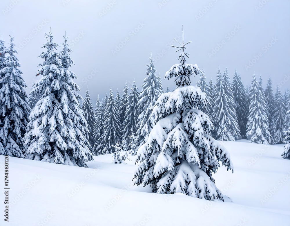 Obraz premium Winter landscape features evergreen trees blanketed in snow under a cloudy sky, with a field of untouched snow in the foreground