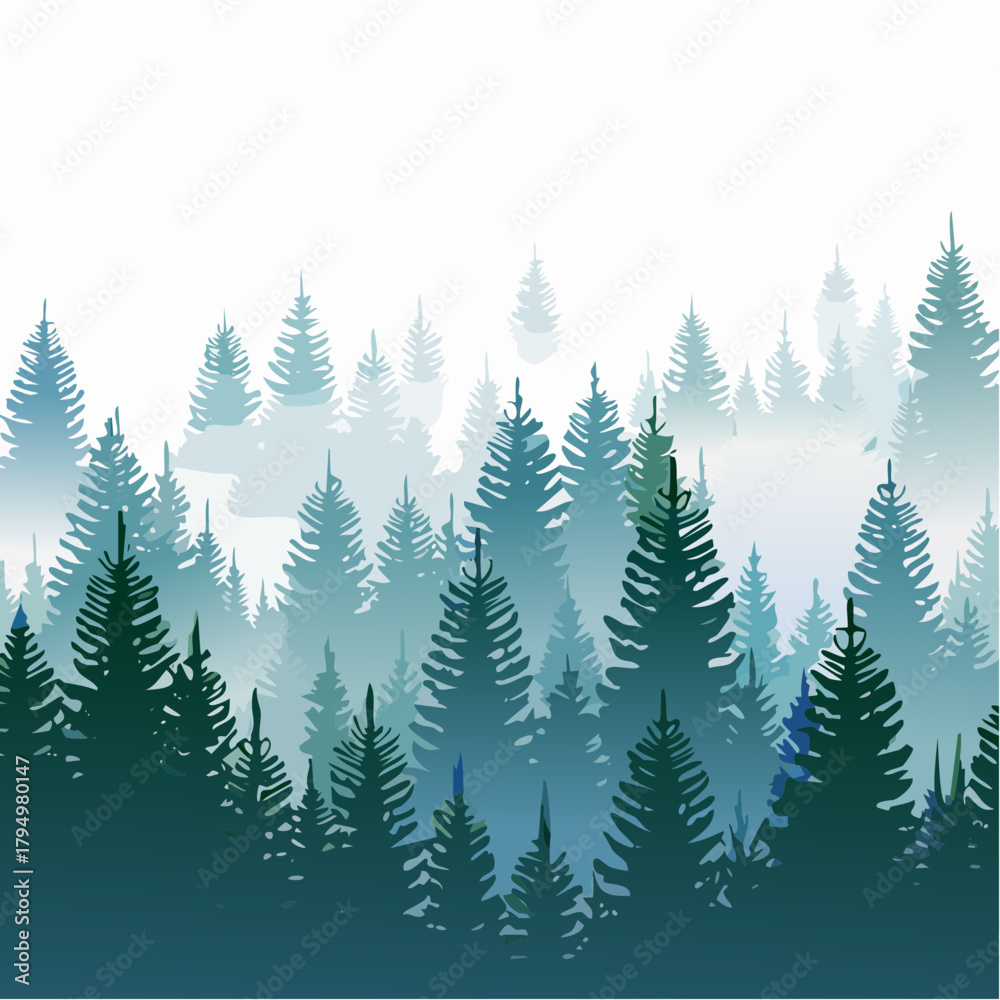 Fototapeta premium Misty Evergreen Forest Illustration Serene Coniferous Landscape Design