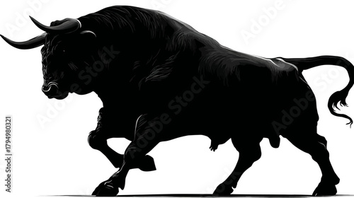 Majestic Black Bull Silhouette with Large Horns, Captured in a Dynamic and Powerful Stance, Symbolizing Strength and Determination