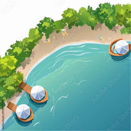 Aerial illustration of a vibrant tropical beach. Lush trees, sandy shores, and calm blue ocean with overwater platforms and white parasols for a relaxing summer vacation