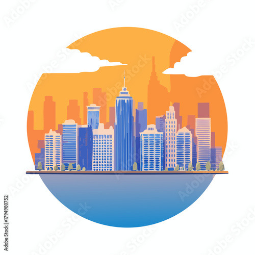 Cityscape Skyline Illustration Featuring Iconic Buildings and a Vibrant Sunset Design