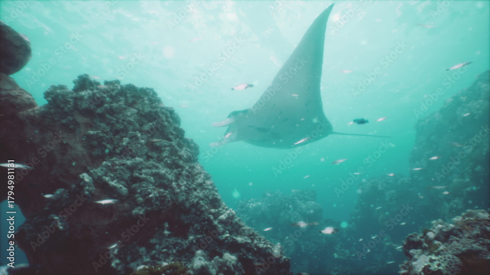 Fototapeta premium In warm tropical waters, a majestic manta ray swims gracefully near colorful coral formations. Small fish dart around, creating a lively underwater spectacle.