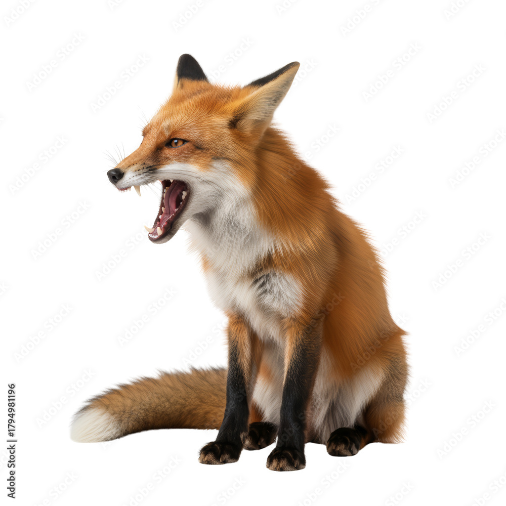 Fototapeta premium Isolated red fox displaying teeth, mouth agape in defiant isolated pose, showcasing wild nature