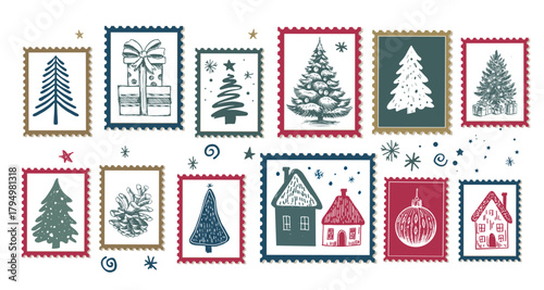 Hand-Drawn Festive Winter Stamps Collection