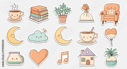A delightful assortment of soft pastel vector illustrations, perfect for scrapbooking or digital design, featuring cozy items like coffee, books, and nature-inspired elements