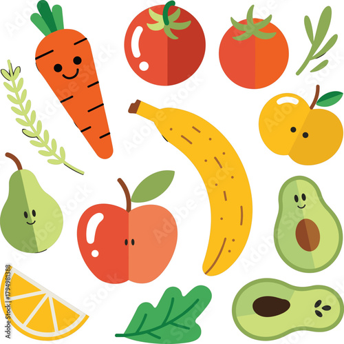 Cute cartoon fruits and vegetables with happy faces on white background Keywords: carrot, tomato