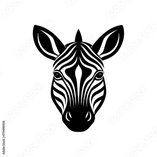 Zebra head frontal view on transparent background silhouette