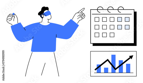 Man wearing VR headset pointing to calendar and growth chart with upward trend. Ideal for technology, data analysis, innovation, time management, productivity, virtual reality, business insights