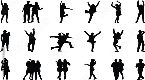 Human silhouette, dynamic pose, black graphic, vector illustration, dancing gesture, expressive movement, interaction, body language, jumping, posing, motion iconHuman silhouette,