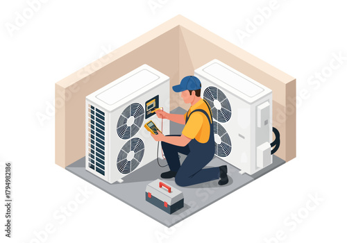An air conditioning repairman kneels with a multimeter to test an outdoor HVAC unit in this isometric illustration