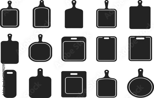 Cutting board silhouette, kitchen tool, black graphic, vector illustration, handle design, shape variety, culinary icon, food prep, cooking accessoryCutting board silhouette, kitchen tool