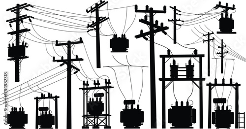 Silhouette vector illustration of electrical transformers on utility poles and ground stations—power grid infrastructure, voltage system, energy distribution network layout