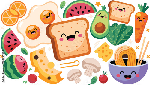 Kawaii food illustration collage with smiling fruits vegetables and breakfast items cute