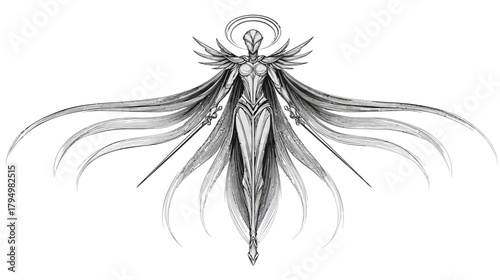 Stylized grayscale illustration of a majestic futuristic angel warrior with flowing wings and halo, embodying power and divinity.