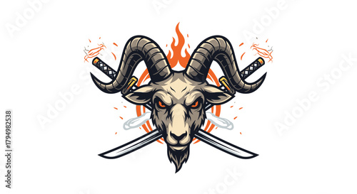 A fierce goat head with crossed swords and flames, depicting a warrior emblem.