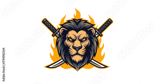 Fierce lion head with crossed swords and flames, a symbol of strength.