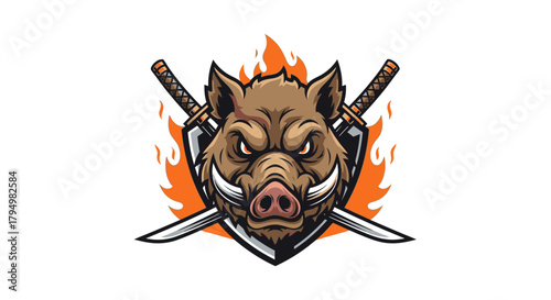 Cartoon boar with crossed swords and flames, creating a fierce and powerful logo or emblem.