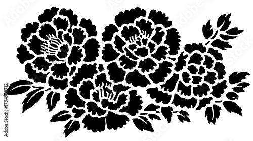 Elegant black silhouette of three stylized oriental flowers with leaves, decorative floral design element, vector illustration