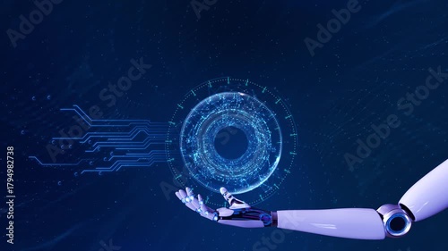 Digital Robot Hand virtual interface artificial intelligence hologram HUD circle interfaces data network. Crypto currency, block chain technology concept. hi-tec science technology big data cyberspace