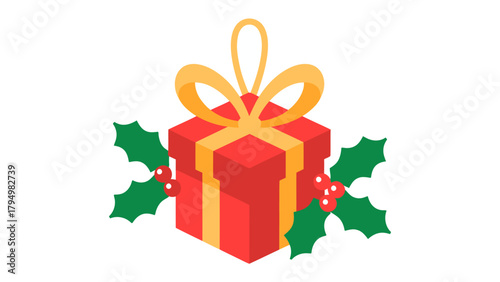 Festive Gift: A vibrant red gift box adorned with a golden bow and festive sprigs of holly and berries.