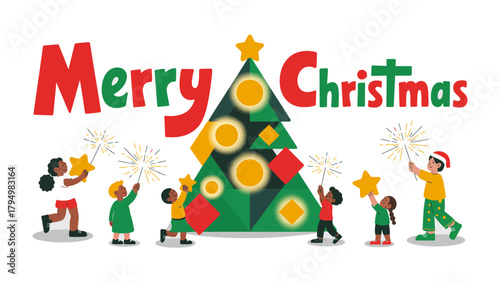 Joyous Christmas Celebration: Children gather around a vibrantly decorated Christmas tree, their faces lit by the sparkling magic of holiday cheer and festive fireworks.