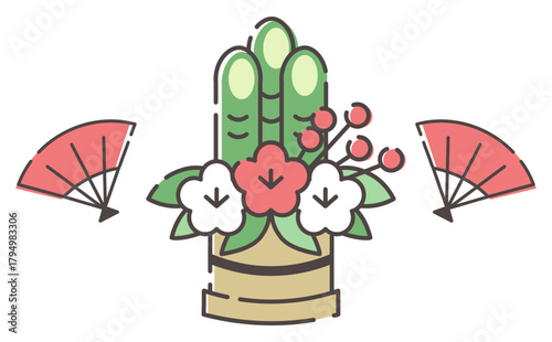 門松と扇の手描きでかわいいお正月イラスト