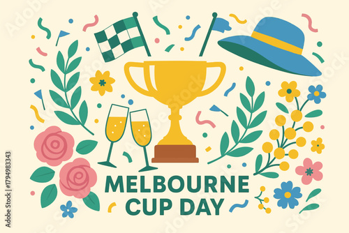 Melbourne Cup Day, horse racing illustration, horse race artwork, racing event graphic, equestrian competition illustration, thoroughbred horse design, jockey illustration, racetrack artwork, 