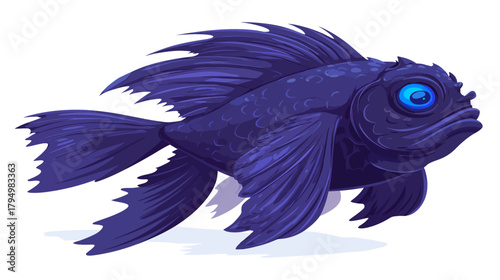 Stylized deep blue fish illustration with glowing blue eyes, aquatic creature design, cartoon marine animal isolated on white.