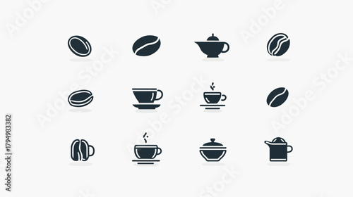 Coffee vector icons set. Collection of simple flat graphic symbols for hot drinks, coffee beans, cups, and brewing elements. Modern design for web or app UI.