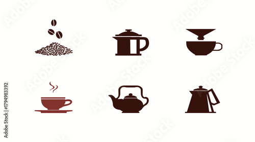 Minimalist Coffee and Tea Icons Set: Beans, Grinds, French Press, Pour Over, Kettles, and Hot Beverage Cups