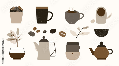 Minimalist flat design coffee and tea vector icons set. Collection of beverage mugs, beans, grinder, and teapots illustrations.