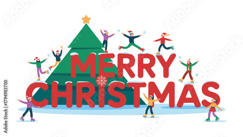 Joyful Christmas Celebration: Festive scene with a Christmas tree and vibrant characters conveys the warmth of the holiday season, embracing togetherness and merriment.