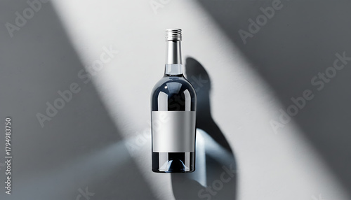 A bottle with a silver cap and label on a gray background with light and shadow creating a pattern