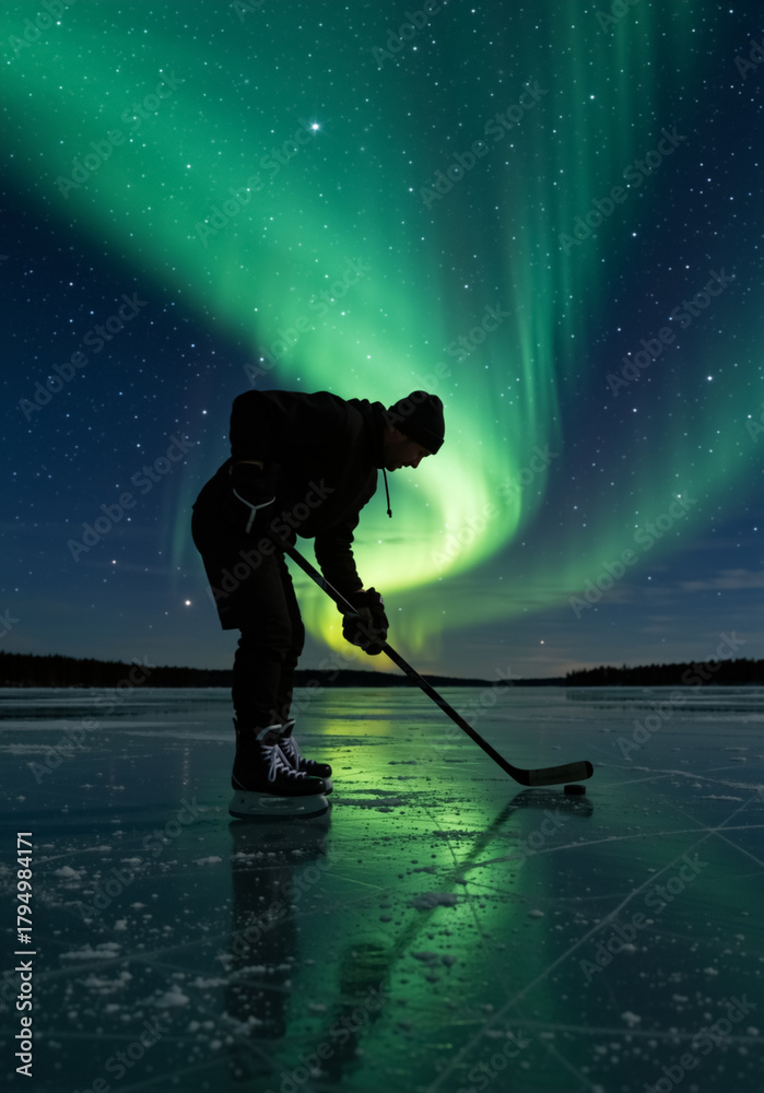 Naklejka premium Silhouette of an ice hockey player on a frozen lake at night. Vertical photo of a man skating under a starry sky with a vibrant green aurora borealis. Winter sports in a northern landscape