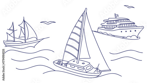 Sailboats and a yacht glide across the ocean waves in this nautical line art illustration, serene and peaceful