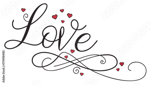 Elegant love script calligraphy design with delicate heart accents for Valentine's celebrations and romantic expressions
